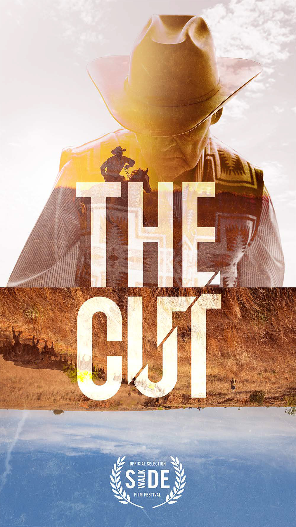 A cowboy wearing a hat with a rural landscape overlay, large text reading THE CUT, and an official selection badge from a film festival at the bottom.