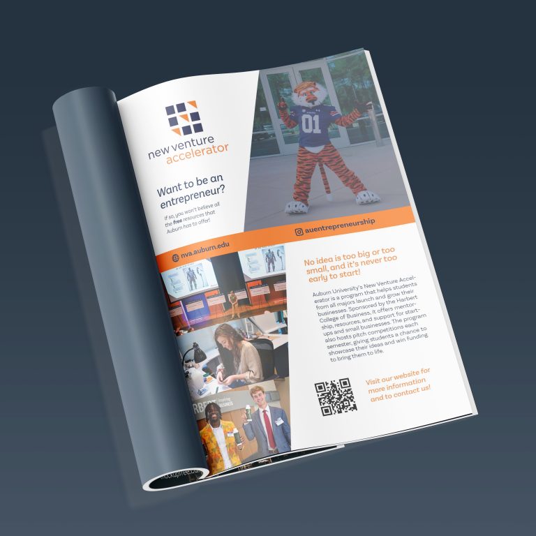A magazine ad for Auburn Universitys New Venture Accelerator features the school mascot, program info, QR code, and photos of students working on business projects.