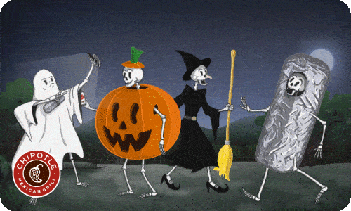 Four skeletons in Halloween costumes—a ghost, a pumpkin, a witch, and a burrito—walk together at night; a Chipotle Mexican Grill logo is in the corner.