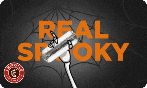 A skeleton hand holds a burrito in front of the words REAL SPOOKY with a spiderweb background and Chipotle Mexican Grill logo in the corner.