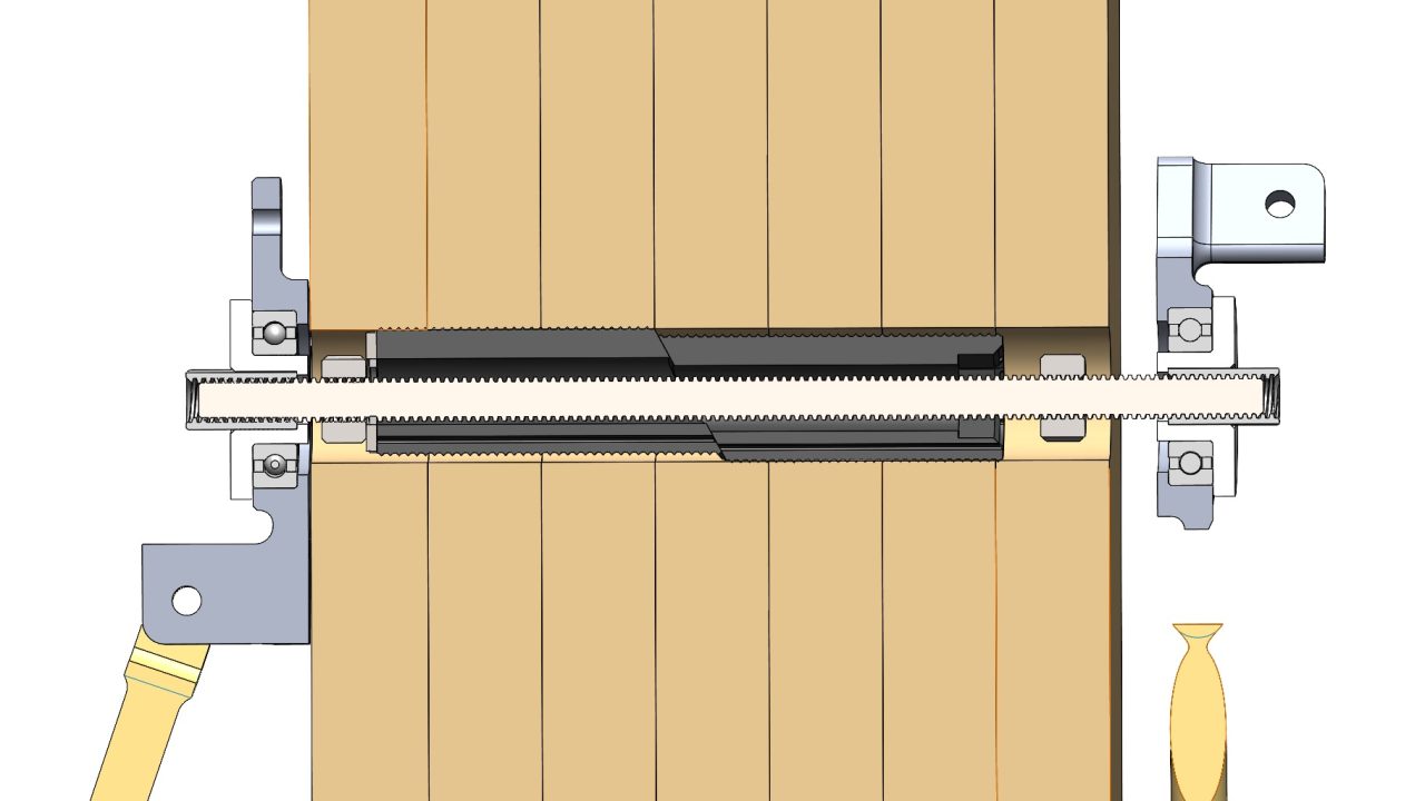 Technical diagram showing a cross-section of a mechanical assembly with threaded rod, metal brackets, and wooden panels secured by screws on both sides.
