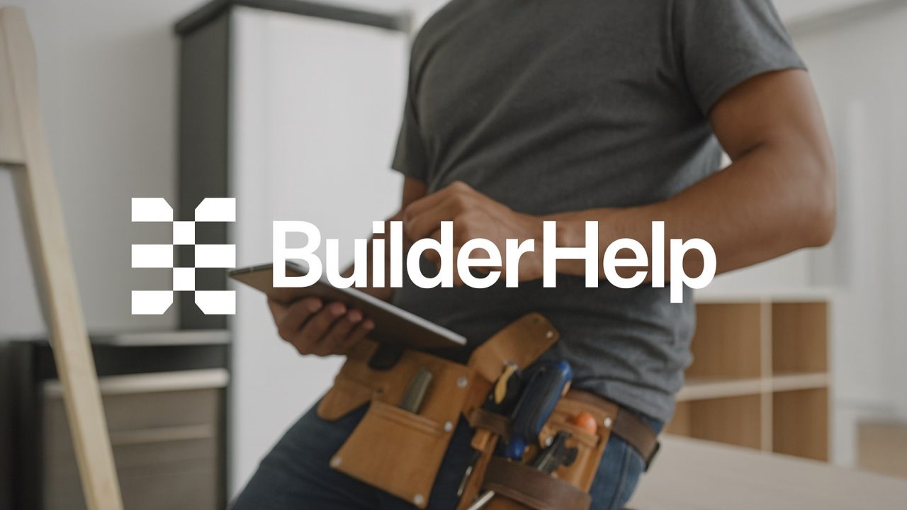 A person wearing a tool belt uses a tablet in a modern room. The text BuilderHelp is displayed across the image.