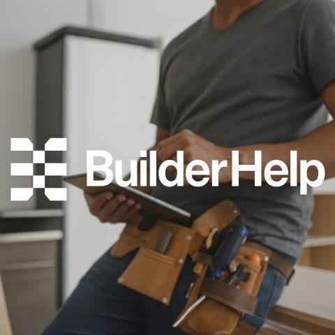 A person wearing a tool belt uses a tablet in a modern room. The text BuilderHelp is displayed across the image.