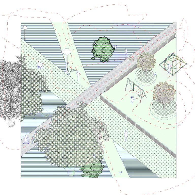Aerial view of a park with intersecting paths, trees, a bridge, swings, a geometric climbing structure, and people walking; dotted red lines trace various routes.