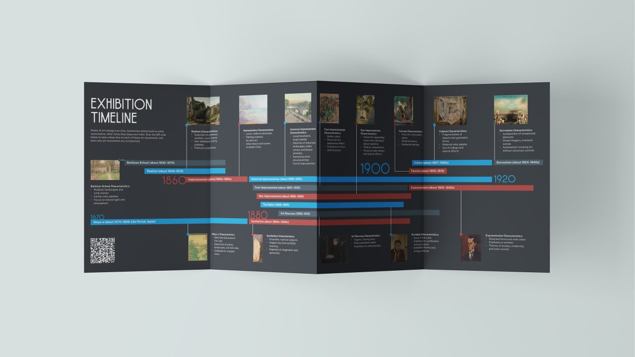 A tri-fold exhibition timeline brochure with text, colored timeline bars, small images of artworks, and a QR code on a gray background.