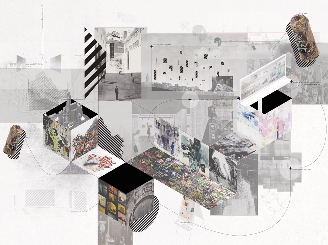 A digital collage features abstract shapes, photo fragments, and illustrated elements, including cubes, cityscapes, and mixed media art, arranged in a layered, architectural composition.
