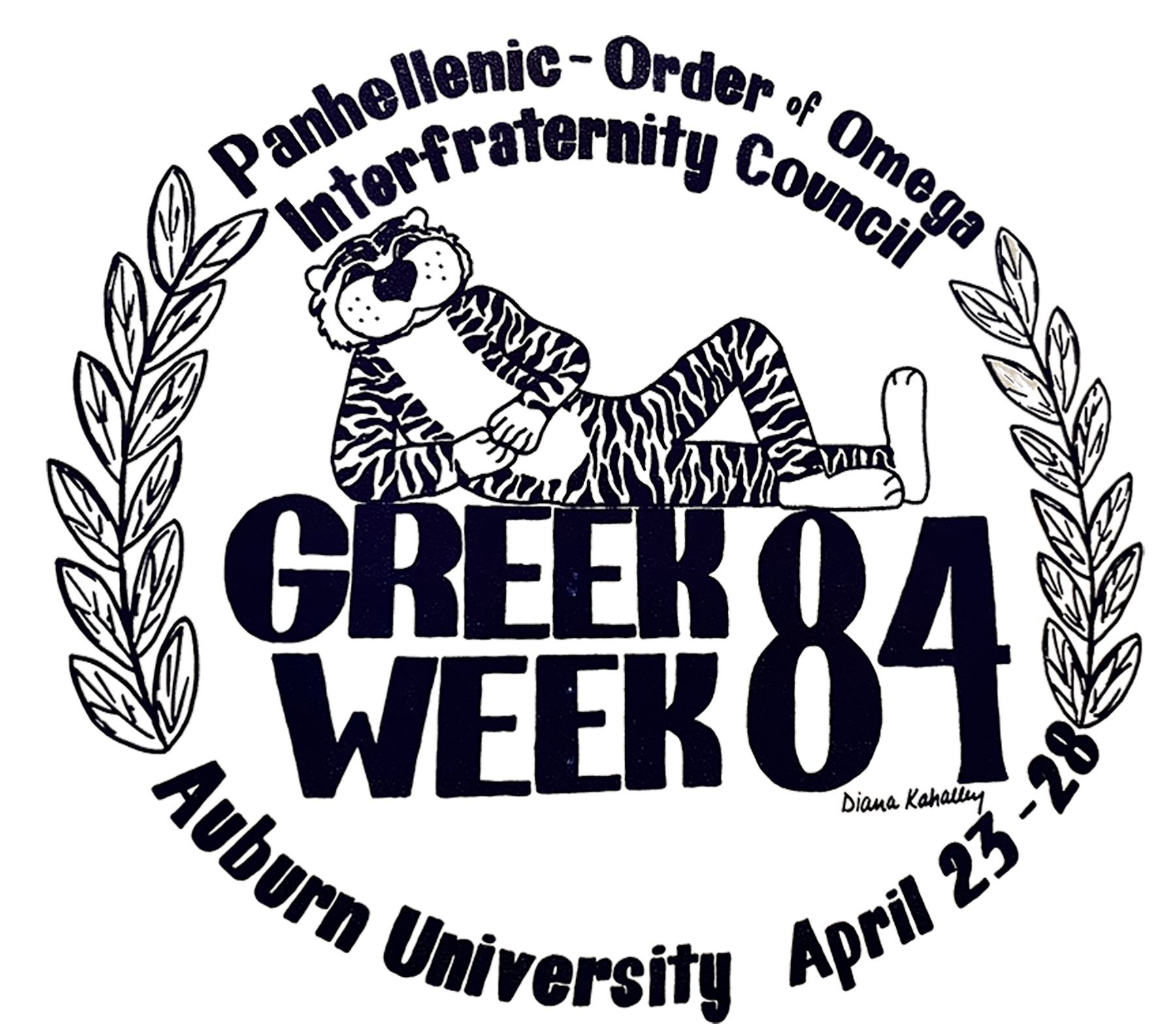 A cartoon tiger reclines above bold text reading Greek Week 84 with laurels on each side. Surrounding text reads Auburn University, April 23–28, Panhellenic-Order of Omega-Interfraternity Council.