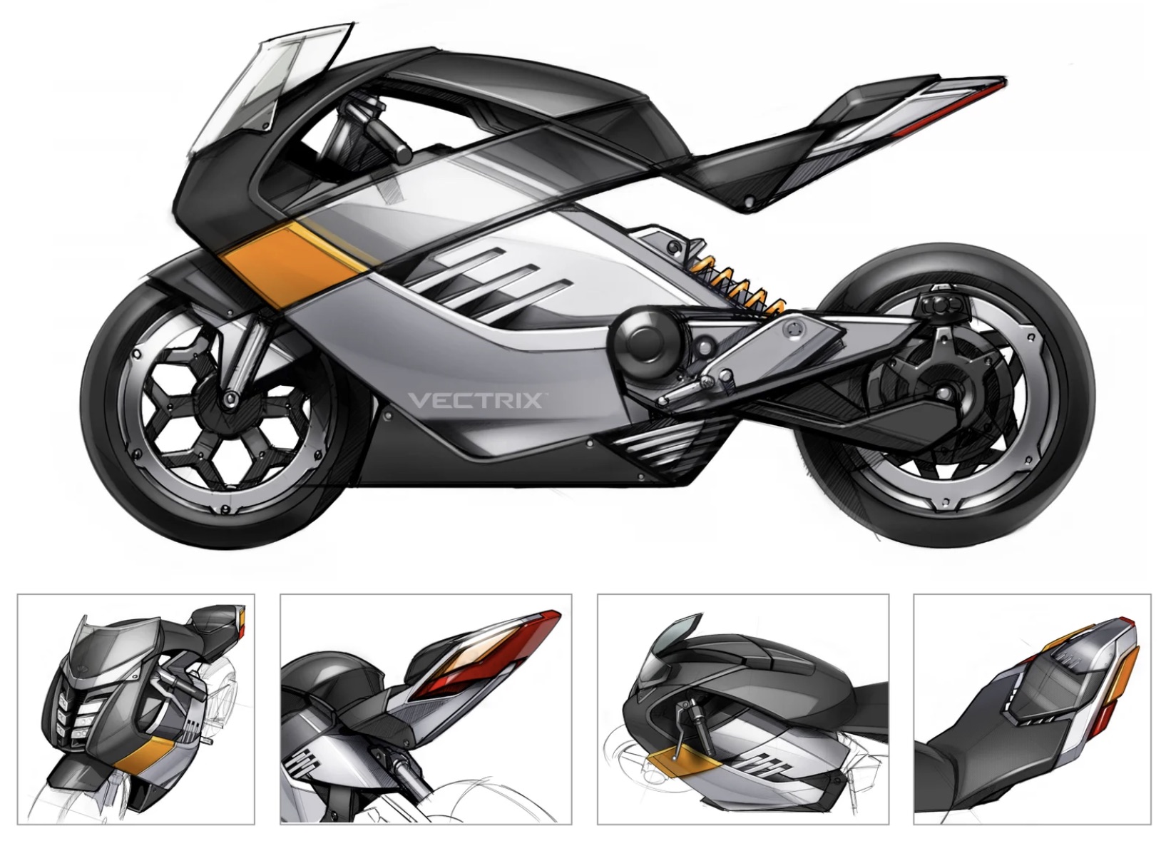 A sleek, modern electric motorcycle in profile with detailed close-ups of its handlebars, tail light, rear shock, and seat.