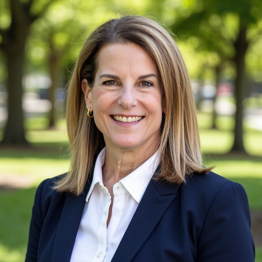 A woman with shoulder-length blonde hair, wearing a navy blazer and white shirt, smiles while standing outdoors in a park with green trees in the background.