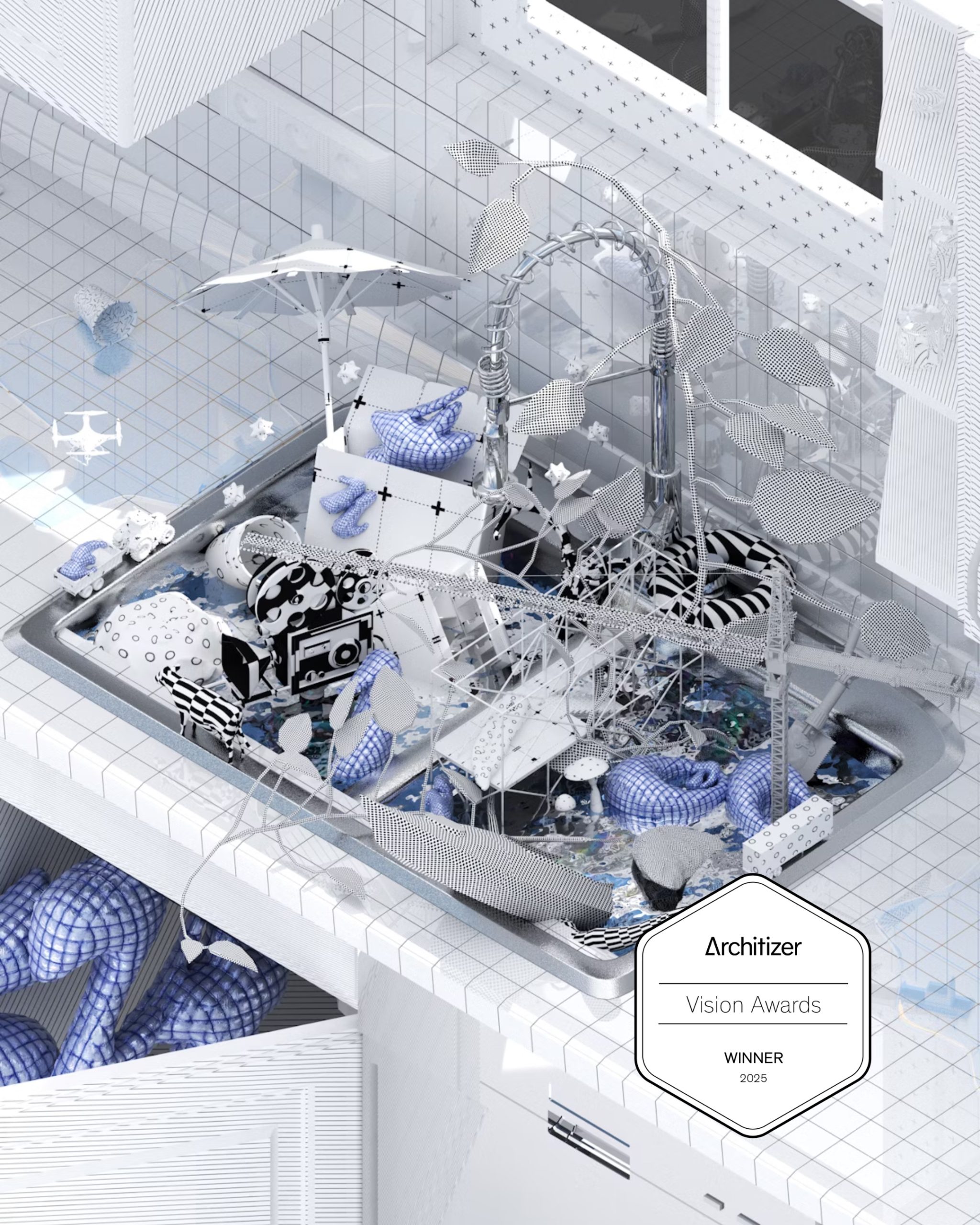 A kitchen sink overflowing with abstract, geometric objects in black, white, and blue, surrounded by a futuristic, grid-patterned kitchen. An Architizer Vision Awards Winner badge is displayed.