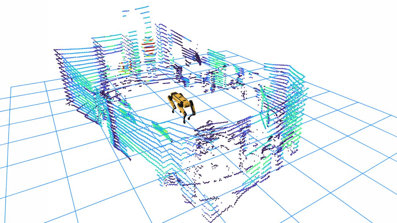 A four-legged robot navigates within a 3D grid map generated by LIDAR point cloud data, displaying environmental contours in various colors.