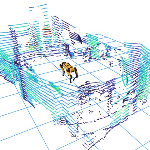 A four-legged robot navigates within a 3D grid map generated by LIDAR point cloud data, displaying environmental contours in various colors.
