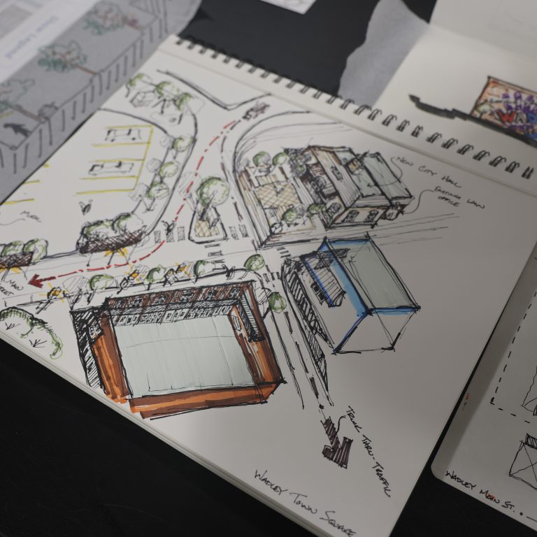 A sketchbook displays hand-drawn architectural and site plans, including labeled buildings and streets, with additional drawings and diagrams visible nearby on the table.