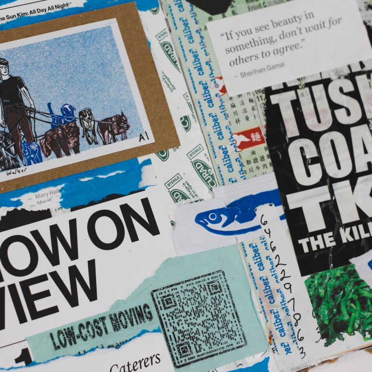 A collage featuring various paper scraps, including a drawing of a person with dogs, printed text fragments, advertisements, and QR codes arranged on a cluttered background.