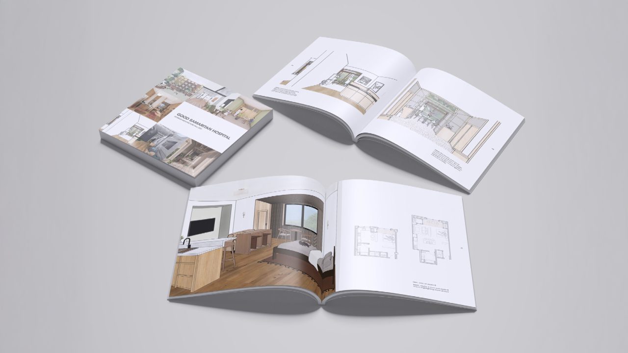 Four open and closed books display architectural interior designs and floor plans on a plain light gray background.