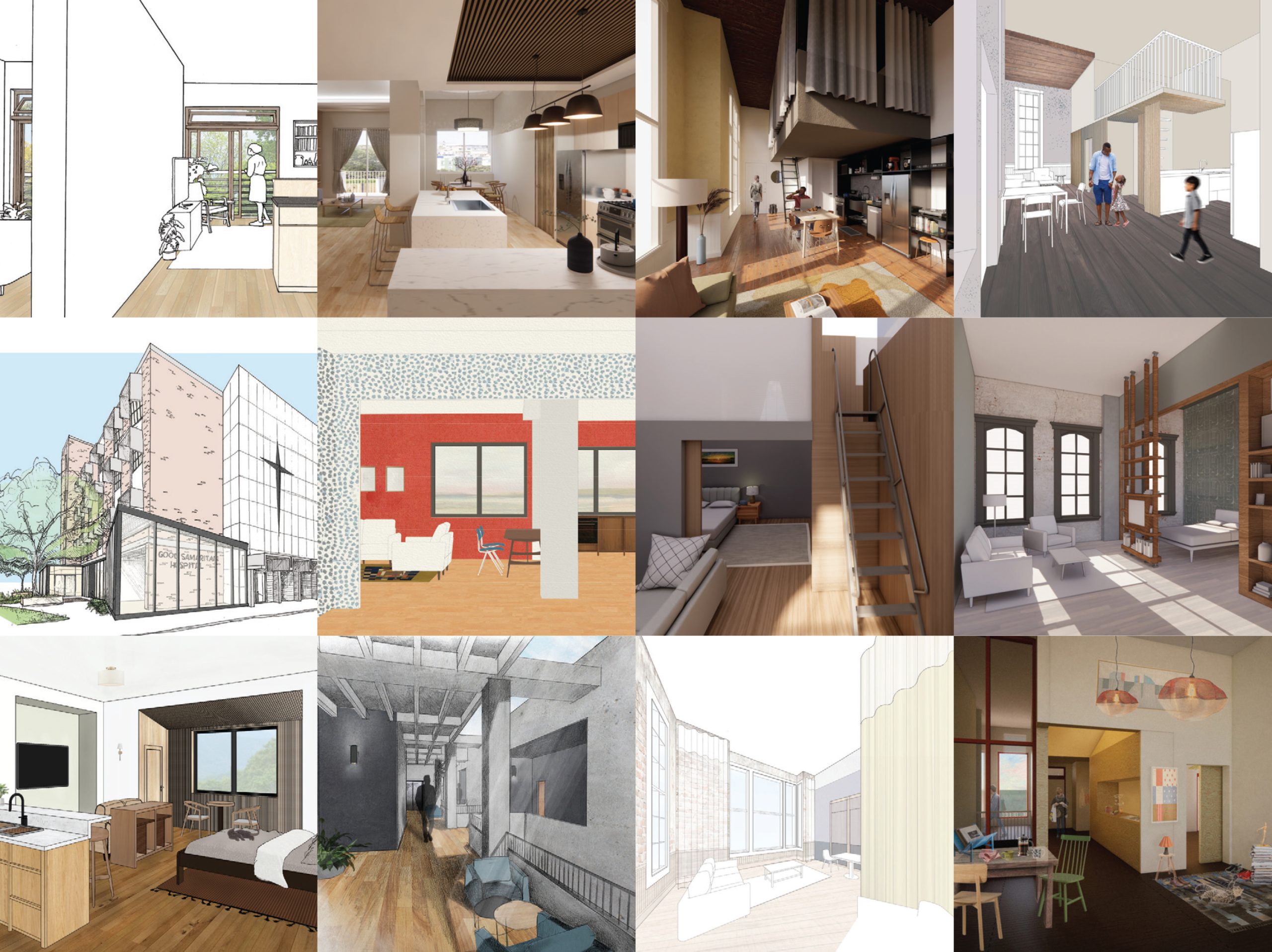 A grid of twelve architectural renderings and sketches showing various modern residential interiors and building exteriors in different design styles.