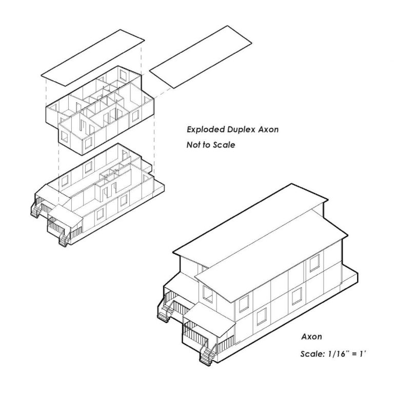 Isometric architectural drawing of a duplex house, showing an exploded axonometric view with separated roof and floor, and a complete axonometric view with labeled scale.