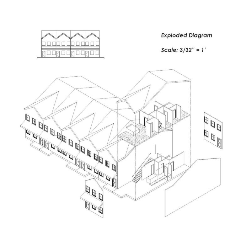 Exploded axonometric diagram of a multi-story residential building with labeled scale; interior walls and units are separated to show internal layout.