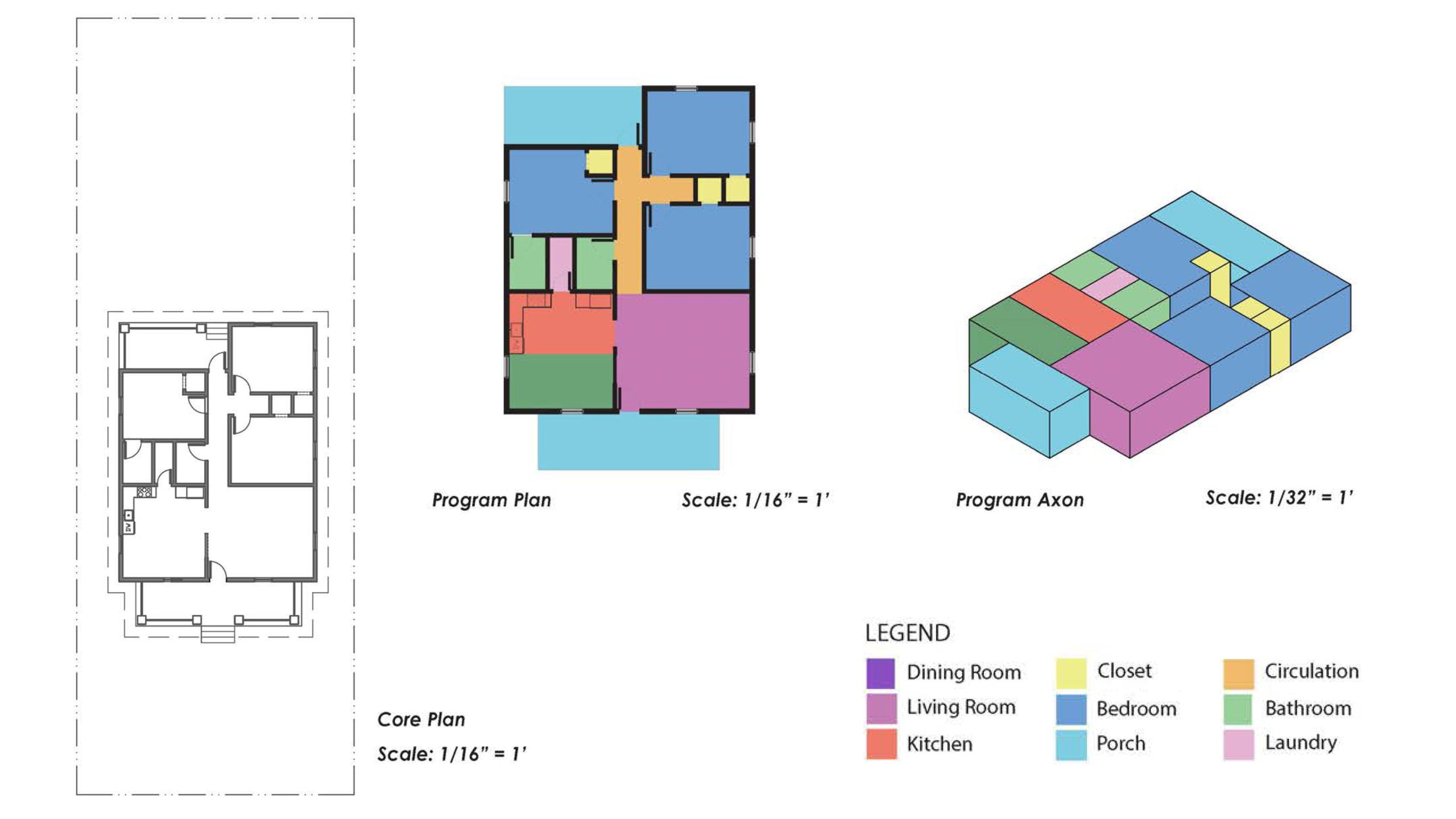 Architectural diagram showing a floor plan, color-coded program plan, and 3D axonometric view, with legend indicating room types such as dining, living, bedroom, kitchen, and others.