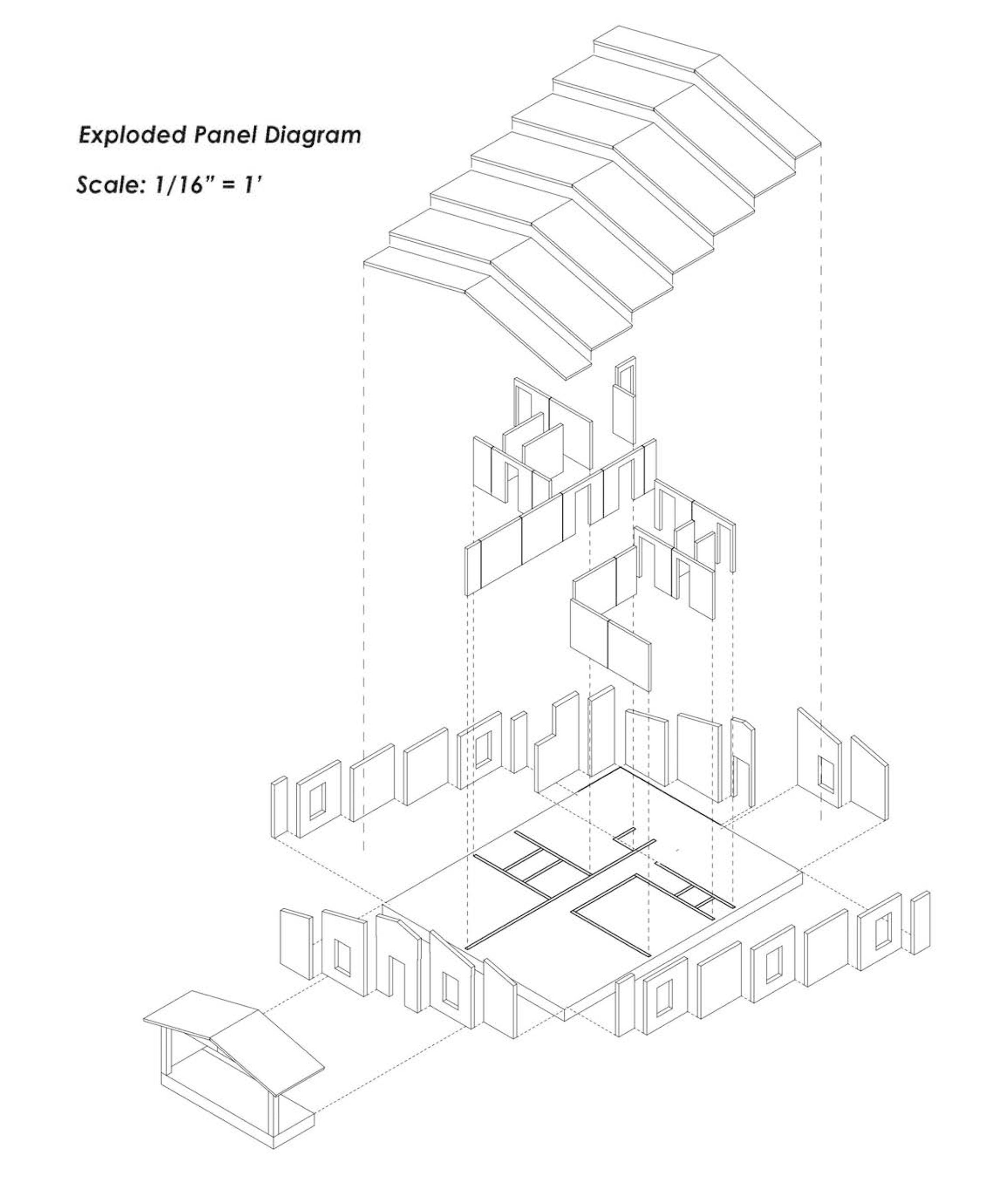 Exploded-panel diagram of a building showing separated roof, wall, and floor components, with each element illustrated in alignment with its assembly position.