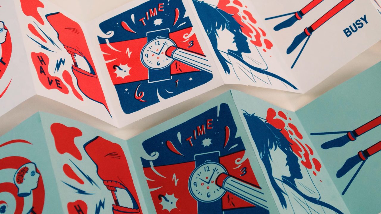 Illustrated panels show a clock, the word TIME, a persons profile, hands reaching, and the word BUSY, in red, blue, and white tones. The theme appears to relate to time and busyness.