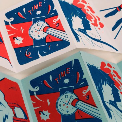 Illustrated panels show a clock, the word TIME, a persons profile, hands reaching, and the word BUSY, in red, blue, and white tones. The theme appears to relate to time and busyness.
