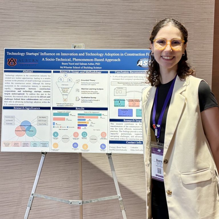 A woman stands smiling next to a research poster on technology adoption in construction, displayed on an easel at a conference.
