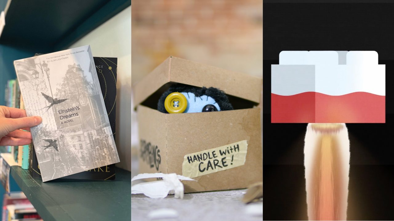 A hand holding a book, a box labeled Handle with Care! with a toy penguin inside, and a stylized rocket launch illustration.