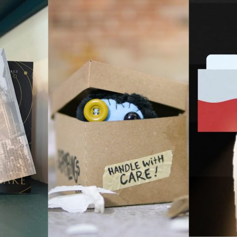 A hand holding a book, a box labeled Handle with Care! with a toy penguin inside, and a stylized rocket launch illustration.