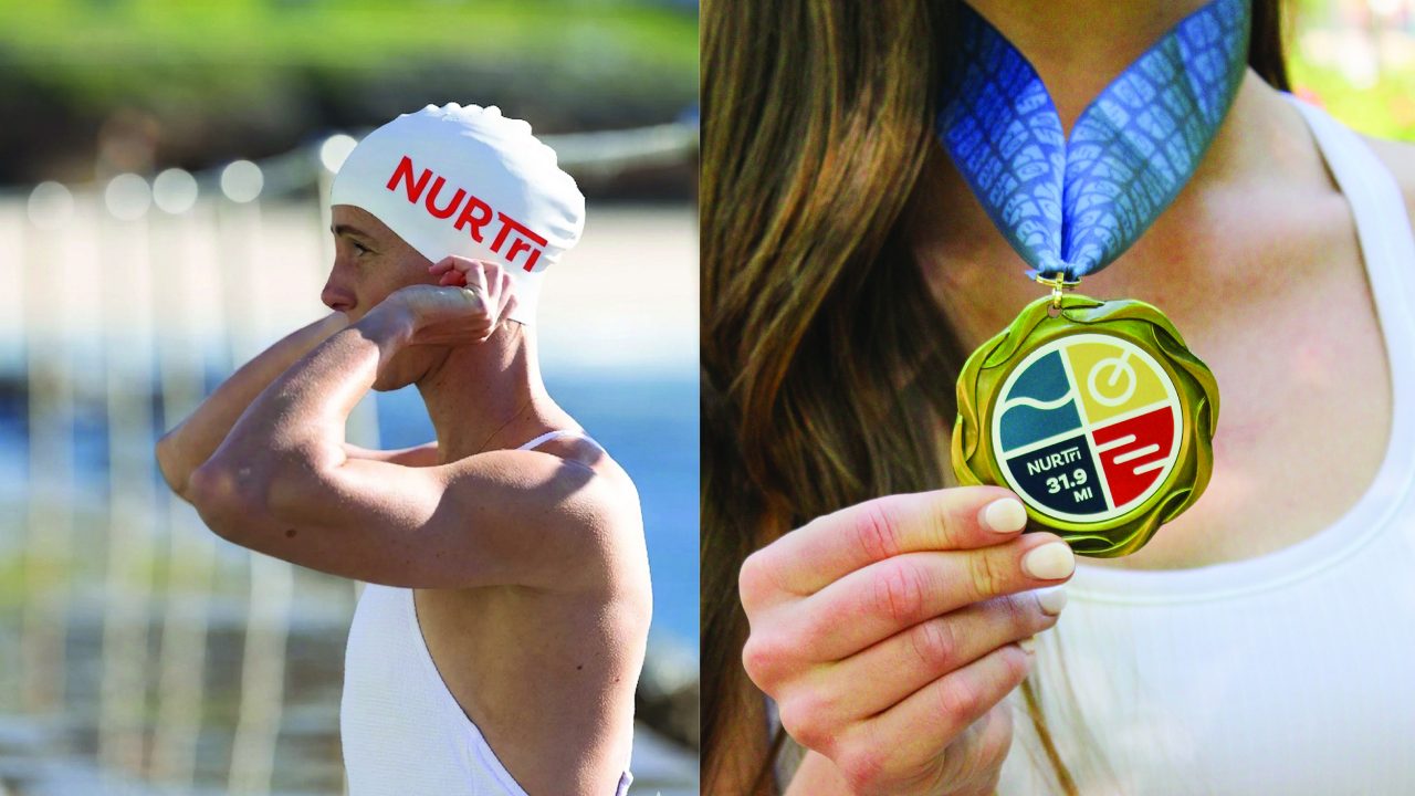 Split image: Left side shows a swimmer in a white swim cap and suit adjusting earplugs; right side shows a person holding a medal with the text “NURTI 37.19 MI” on a blue ribbon.