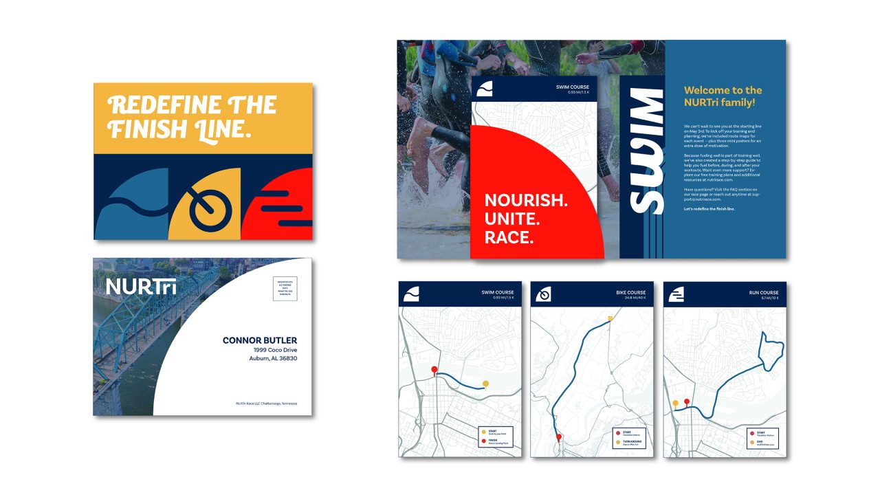 A set of triathlon-themed marketing materials featuring bold text, abstract graphics, course maps, and information for participants.