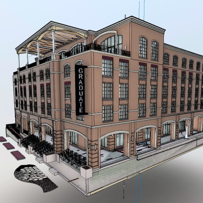 3D architectural rendering of a multi-story brick hotel building with arched windows and a prominent vertical GRADUATE sign on one corner.