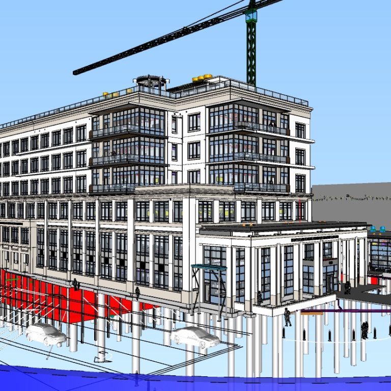 3D architectural rendering of a multi-story building under construction, showing structural details, foundation piles, and construction crane in the background.