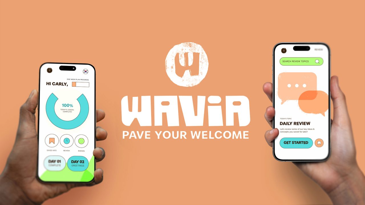 Two hands hold smartphones displaying the Wavia app interface, featuring progress tracking and daily review screens on an orange background with the Wavia logo and slogan.