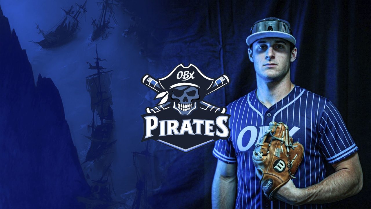 A baseball player in a blue pinstripe jersey and cap holds a glove, standing next to the OBX Pirates logo with pirate ships in the dark blue background.