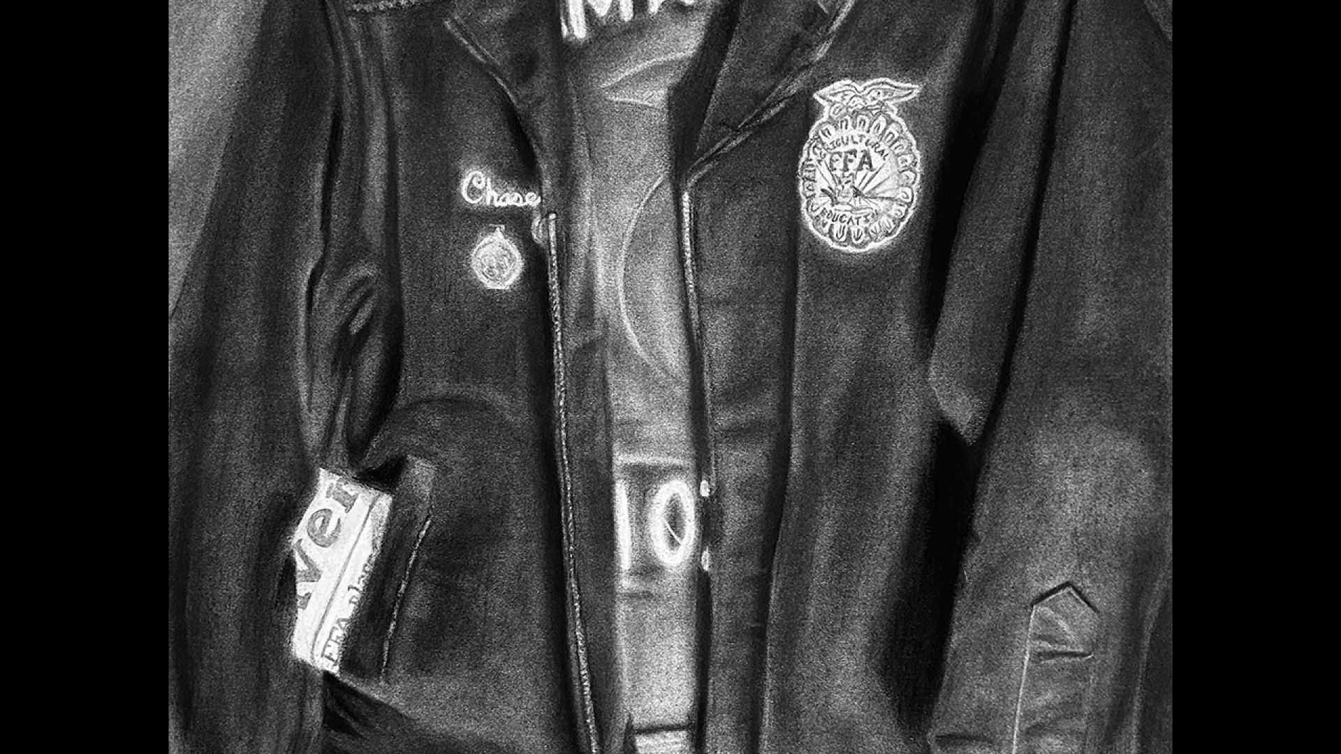 Black and white drawing of an FFA jacket on a hanger, featuring visible patches, a partially opened zipper, and text on the shirt underneath.