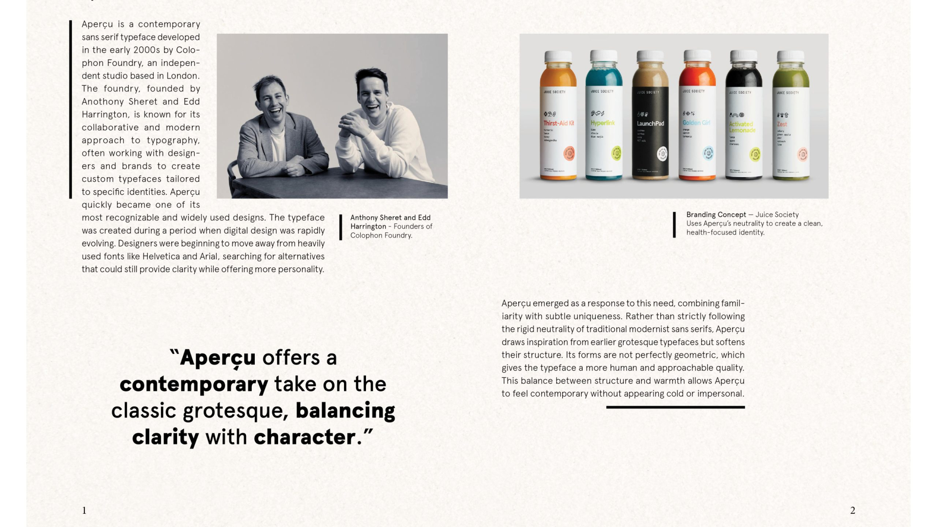 A two-page spread shows text about the Aperçu typeface, a black-and-white photo of two men, and six colorful beverage bottles labeled “Baxberg Concept – Juice Society.”.