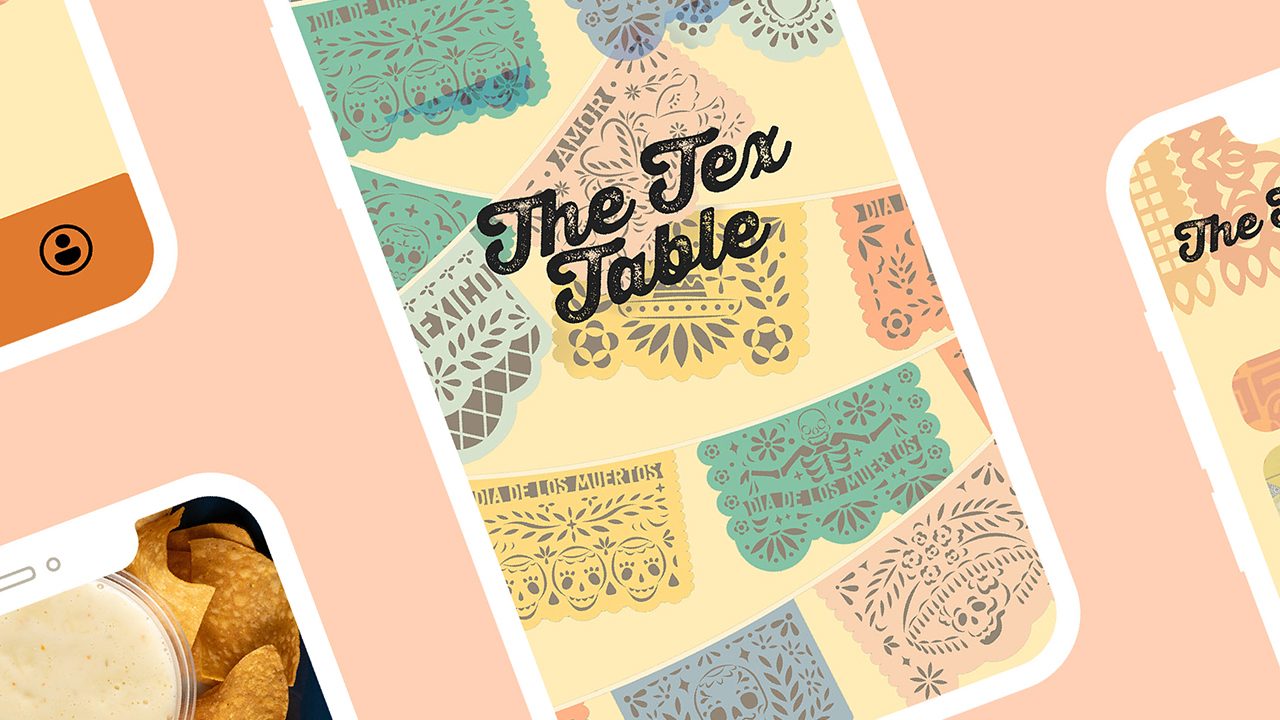 Smartphone screens display a colorful app interface with decorative paper banners and the text The Tex Table. One screen shows a bowl of chips and dip.