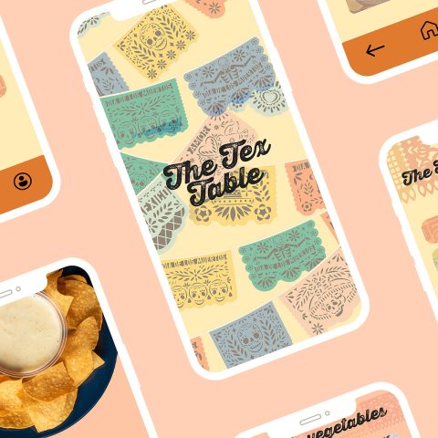 Smartphone screens display a colorful app interface with decorative paper banners and the text The Tex Table. One screen shows a bowl of chips and dip.