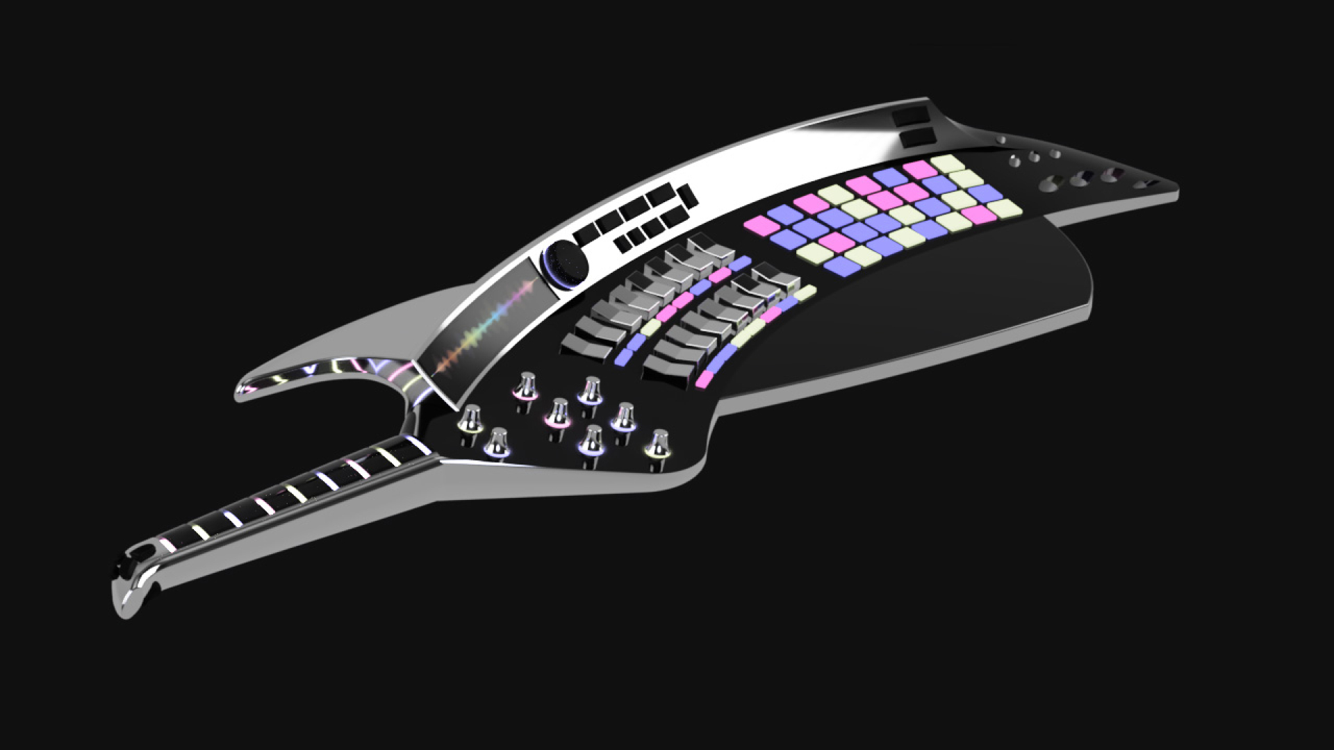 A futuristic musical instrument with a guitar-like shape, LED buttons, dials, and touchpads on a black background.