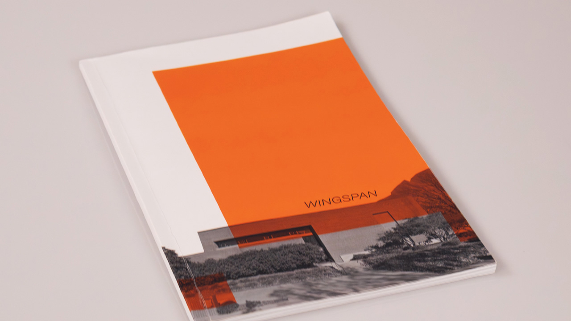 A magazine titled WINGSPAN with an orange and black geometric design and a landscape photo on the cover, placed on a plain surface.