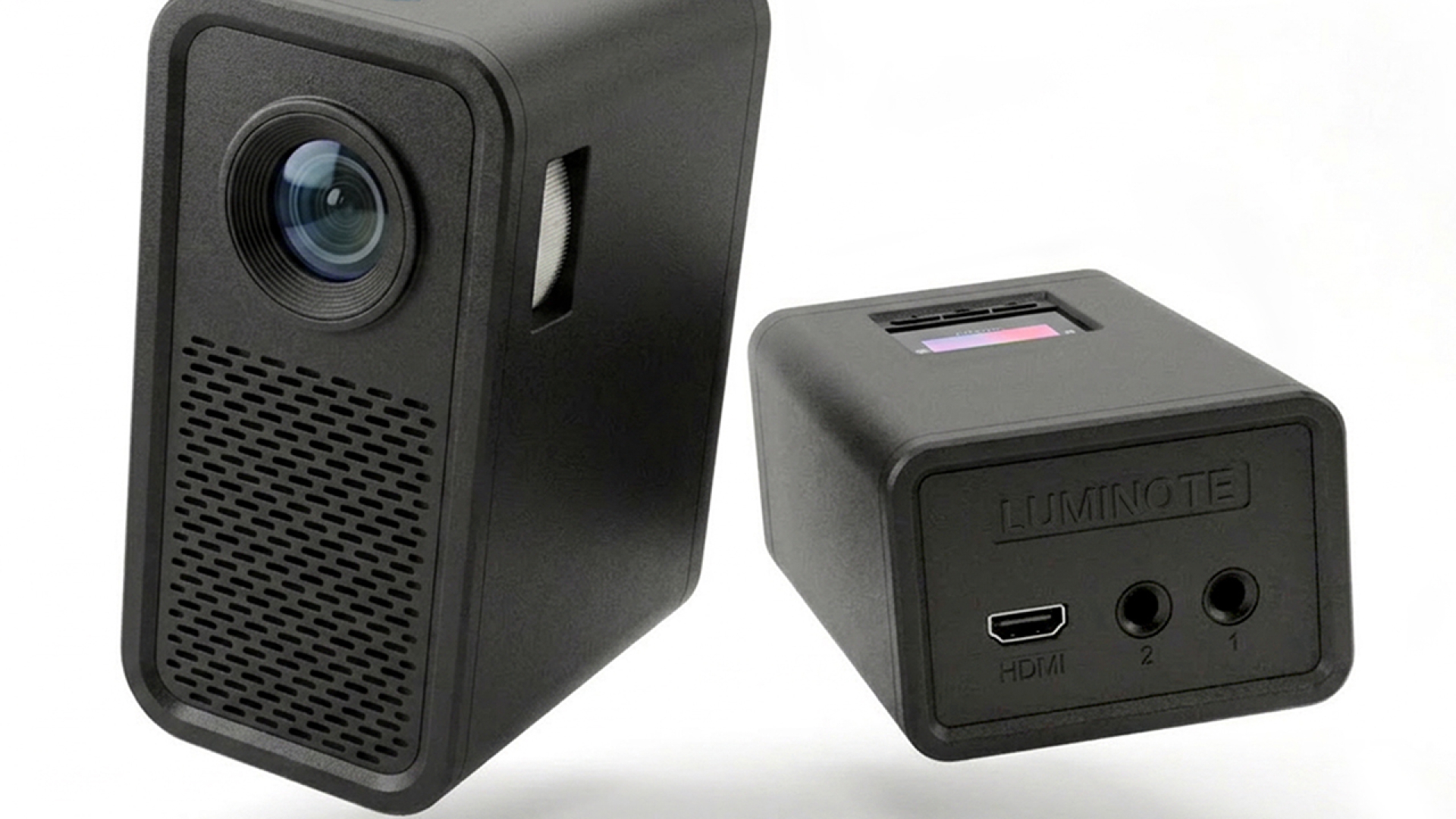 Two views of a compact black portable projector showing its lens, speaker grill, and rear ports including HDMI and two audio jacks.