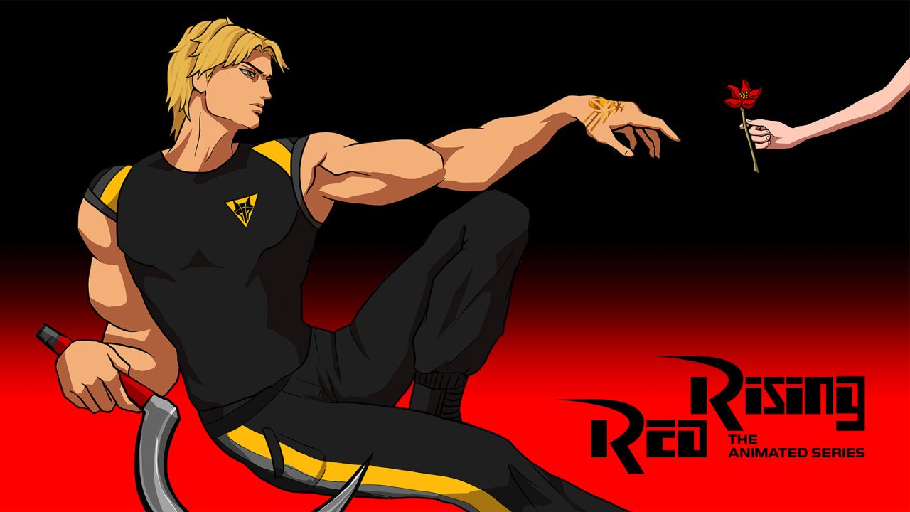 Animated male character with blond hair reclines, reaching toward a red flower offered by a hand; he holds a sickle and wears black and yellow athletic clothing. Red Rising: The Animated Series logo appears.