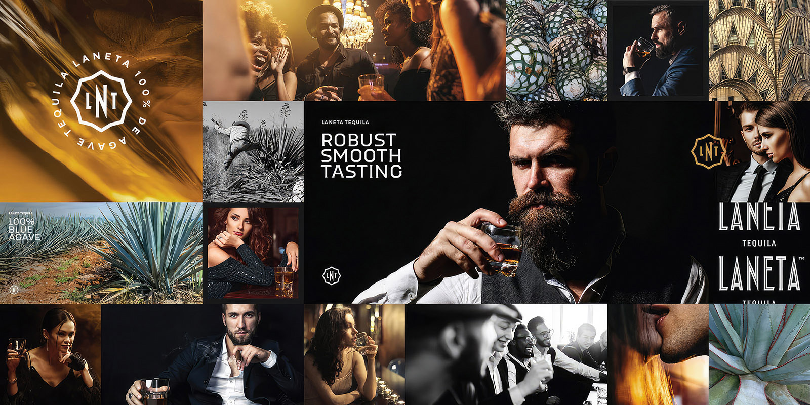 A collage of people enjoying drinks, close-ups of agave plants, and branding for Laneta Tequila, emphasizing themes of luxury, celebration, and craft distillation.