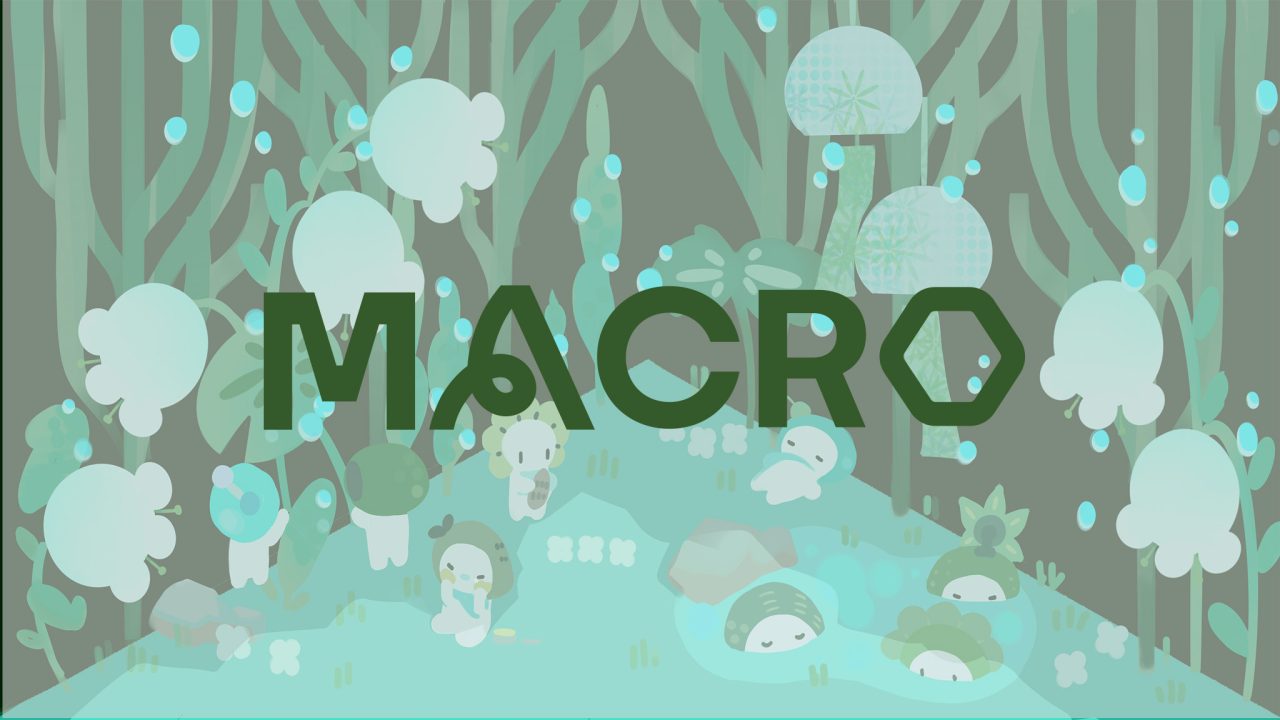 The word MACRO is displayed in bold green letters over a forest scene with cute, round animal characters and abstract trees in soft teal and green tones.