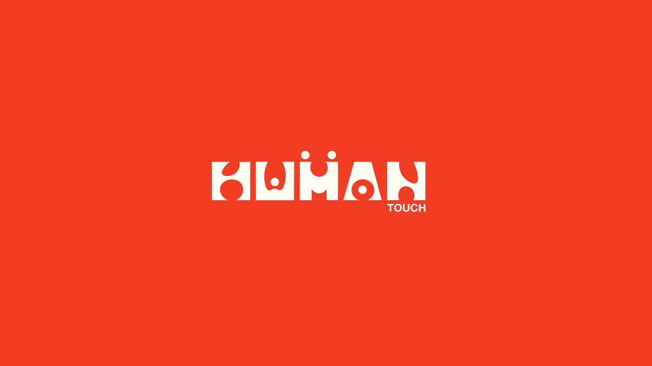 White geometric text HUMAN TOUCH on a solid red background, with TOUCH in smaller font beneath the last letters.