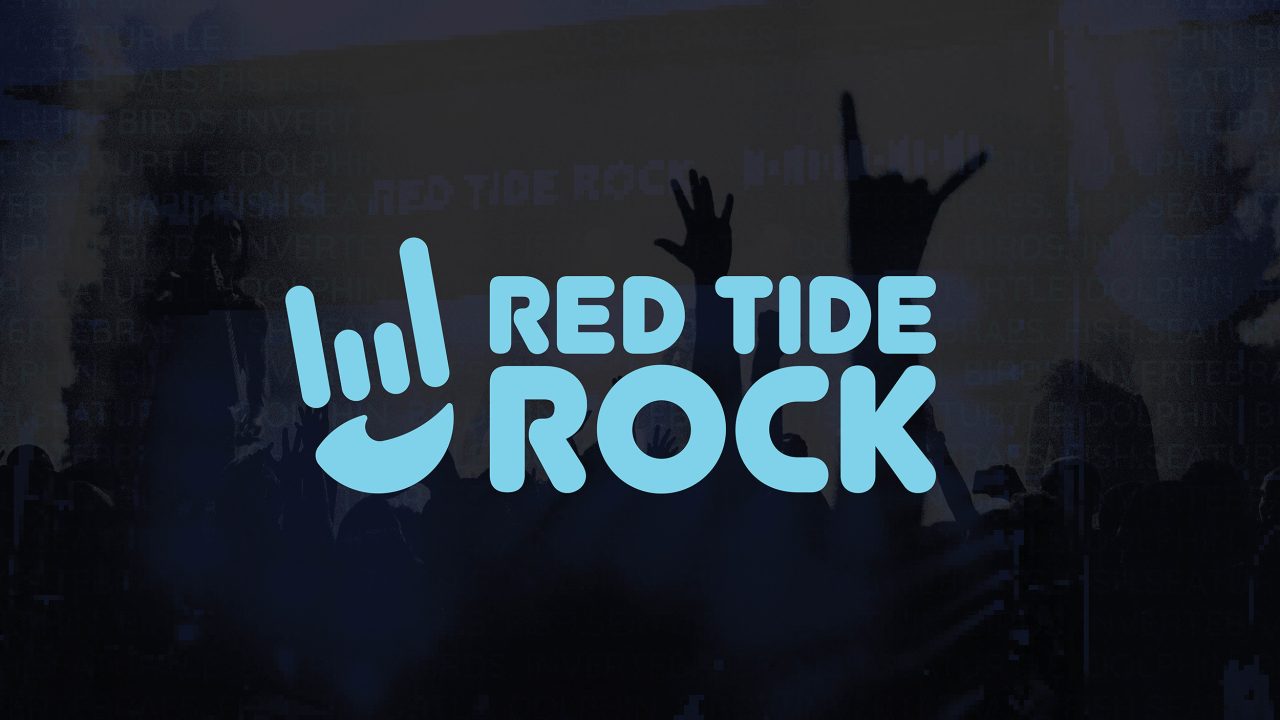 Red Tide Rock logo in blue with a hand making the rock and roll gesture; audience and stage silhouettes in the background.