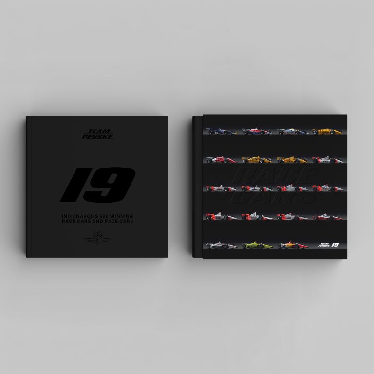 Two books displayed on a gray surface; the left cover is black with 19 and Indianapolis 500 Winning Race Cars, the right shows rows of illustrated race cars on a dark background.