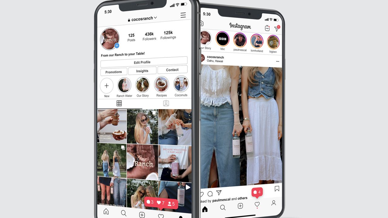 Two smartphones display Instagram profiles; one shows a feed with food and lifestyle photos, the other shows a post of two people in casual outfits holding a drink bottle.
