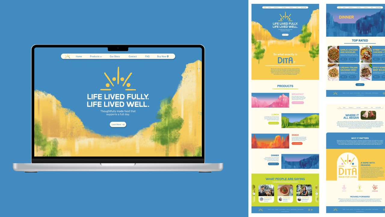 A laptop displays a colorful website with the text Life lived fully. Life lived well. To the right are scrollable website preview panels with food items and product sections on a blue background.